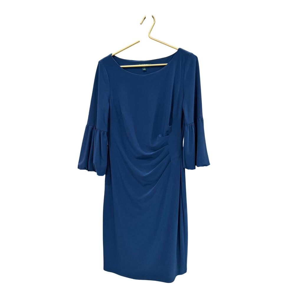 ✨Lauren Ralph Lauren Teal Ruched Sheath Dress 8 Wedding Guest Statement Sleeve ✨ - Picture 2 of 7
